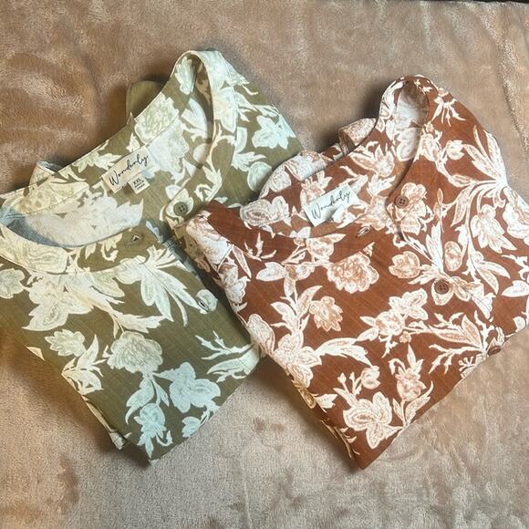 2 Wonderly Button Up Blouses Floral Green White Rust Ruffles Women's Size XXL - Picture 6 of 6
